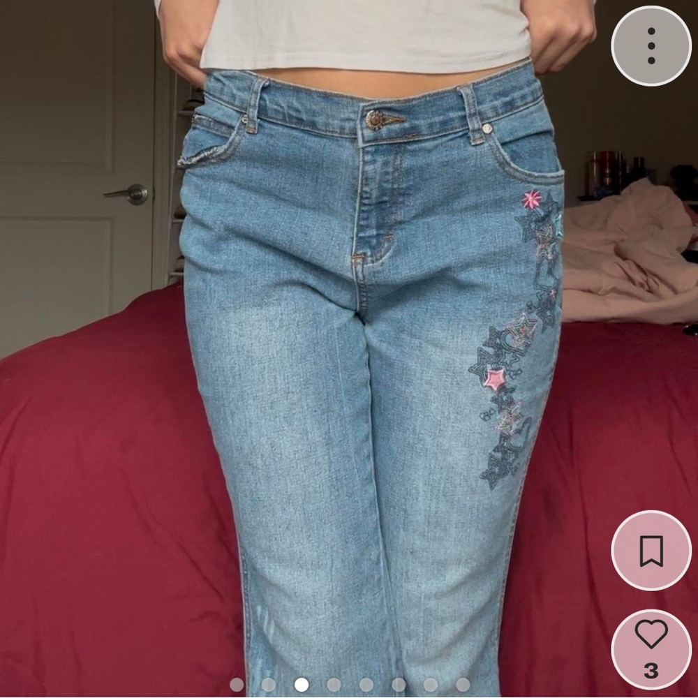 French Toast y2k embroidered low rise flare jeans, star / heart / flower graphic - Picture 3 of 8